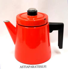 FINEL EMALI,'Pehtoori' kahvipannu,punainen noin 1,5 Ltr,Design:Antti Nurmesniemi,suunniteltu 1957,Kuntokuvaus  käytön jälkiä,Korkeus n.19 cm, 1 kpl,159€ /kpl ( Tuote nro / Item #108N )
