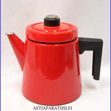 FINEL EMALI,'Pehtoori' kahvipannu,punainen noin 1,5 Ltr,Design:Antti Nurmesniemi,suunniteltu 1957,Kuntokuvaus  käytön jälkiä,Korkeus n.19 cm, 1 kpl,149€ /kpl ( Tuote nro / Item #111N )
