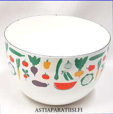 FINEL EMALI,Vihannekset / vegeta,emali salaattikulho,Design:Heikki Orvola,Tuotannossa 1980 luku,Kuntokuvaus k�yt�n j�lki�,Halkaisija n. 21cm,Korkeus n.14 cm, 1 kpl,129� /kpl ( Tuote nro / Item #117N )