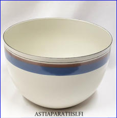 FINEL EMALI,Uhtua emali salaattikulho,Design:Leif Eriksson , Inkeri Leiv (koriste),Tuotannossa 1960 luku,Valmistaja: W�rtsil�, J�rvenp��n Emali,Kuntokuvaus k�yt�n j�lki�,Halkaisija n. 21cm,Korkeus n.14 cm, 1 kpl,85� /kpl ( Tuote nro / Item #119N )
