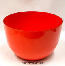 FINEL EMALI, Oranssinpunainen emali salaattikulho,Design:Leif Eriksson ,Tuotannossa 1960-70 luku,Kuntokuvaus k�yt�n j�lki�,Halkaisija n. 21cm,Korkeus n.14 cm, 2 kpl,75� /kpl ( Tuote nro / Item #121N )