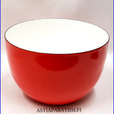 FINEL EMALI,kaksiv�rinen,punavalkoinen emali salaattikulho,Design:Leif Eriksson ,Tuotannossa 1960-70 luku,Kuntokuvaus k�yt�n j�lki�,Halkaisija n. 21cm,Korkeus n.14 cm, 1 kpl, 85� /kpl ( Tuote nro / Item #122N )