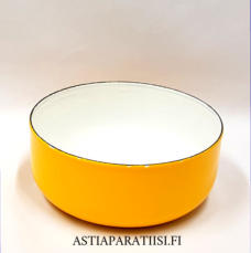 FINEL EMALI,Kaksiv�rinen,keltavalkoista emali kulho,Design:Leif Eriksson,Tuotannossa 1970- luku,Kuntokuvaus k�yt�n j�lki�,Halkaisija n. 14 cm,Korkeus n.6 cm, 0 kpl,( Tuote nro / Item #141N )