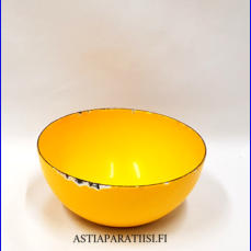 FINEL EMALI,keltainen emali kulho,Design:Kaj Franck,Tuotannossa 1960- luku,Kuntokuvaus k�yt�n j�lki�,Halkaisija n. 14 cm,Korkeus n.6 cm, 0 kpl, ( Tuote nro / Item #142N )