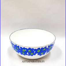 FINEL EMALI,Sinivuokko emalikulho,Design:Esteri Tomula,Tuotannossa 1960- luku,Kuntokuvaus k�yt�n j�lki�,Halkaisija n. 14 cm,Korkeus n.6 cm, 0 kpl,( Tuote nro / Item #143N )