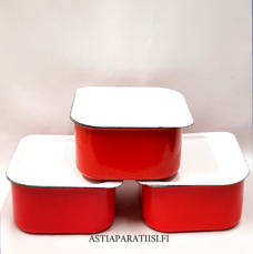FINEL EMALI,J��kaappirasia Punainen/valkoinen,emaloitu ter�s,Design:Kaj Franck,Tuotannossa 1950-70 luku,Kuntokuvaus k�yt�n j�lki�,Leveys n. 15,5 cm x 15,5 mm,Korkeus n.8,5 cm, 3 kpl,62 � /kpl ( Tuote nro / Item #145N )