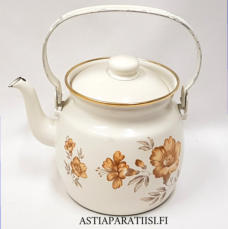 FINEL EMALI, Myrna - kahvipannu, Design:Olga Osol (kuvio),Tuotannossa 1990-luvulla,Kuntokuvaus  k�yt�n j�lki�,Halkaisija n. 12,7, cm,Korkeus n.14,2 cm, ilman kantta ja kahvaa,1 kpl,67 � /kpl ( Tuote nro / Item #156N )