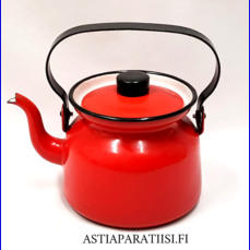 FINEL EMALI, kahvipannu Emaloitu ter�s,punainen musta / retro,Design:Harry Moilanen (malli),Tuotannossa 1960- luku,Kuntokuvaus  v�h�isi� k�yt�n j�lki�,Halkaisija n. 12,2 cm,Korkeus n.11,5 cm, ilman kantta ja kahvaa,1 kpl,88 � /kpl ( Tuote nro / Item #163N