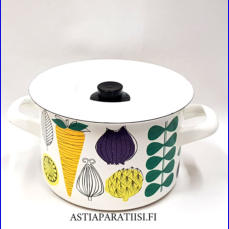 FINEL EMALI, Vegeta kattila vihannesaihe retro,Design:Esteri Tomula,Valmistettu1965-70-luku, v�h�isi� k�yt�n j�lki�,Halkaisija n.19 cm,Korkeus n.12,5 cm, ilman kantta ja kahvaa,0 kpl, ( Tuote nro / Item #166N)