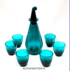 RIIHIM�EN LASI,Nukkumatti Karahvi ja juomalasi T/340, Design:Nanny Still,Suunniteltu 1950-1960,Karahvin korkeus ilman korkkia n. 16,5 cm - 21,8 korkkia,Lasien korkeus 5,5 cm, yht. 230 �/yht.( Tuote nro / Item #339J )