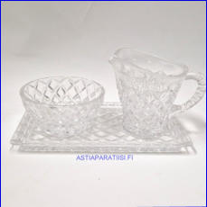 KRISTALLIA  Sokerikko ja kermakko ja tarjotin,Kermakko korkeus:n.8,8 cm, halkaisia n.8 cm,Sokerikon korkeus:n.4,5 cm, Halkaisia:n.9,5 cm, pari,65 ( Tuote nro / Item #169KR )