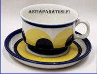 ARABIA, Paju kahvikuppi sininen-keltainen,Design: Anja Jaatinen-Winquist,Käsin maalattu,Kupin korkeus n. 4,9 cm, halkaisija n. 7,4 cm,Suunniteltu vuonna 1969-1973, 0 /kpl,( Tuote nro 110 Q )