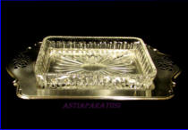 kaksiosainen makeistarjotin lasi ja alpakka 58-luku,halkaisija,n. 24,5 X 13,5 cm,45