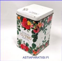 PELTIPURKKI, Erikois Kutsu Kahvia Peltipurkki Vintage,Tukkukauppojen Oy:n ruusukuvioinen kahvipurkki saranakannella,1960-1970-luvulta,Purkissa pient kulumaa,Korkeus n. 15,5 cm, leveys n. 10 cm,1 kpl,28  /kpl ( Tuote nro / Item #102PP )