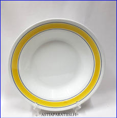 ARABIA, Faenza Keltaraita syv� ruokalautanen,Design:Peter Winquist,alkuper�istuotantoa.Valmistettu 1970,leveys n.23 cm,0 kpl, ( Tuote nro 187R )