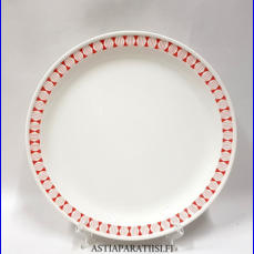 ARABIA, Seita Punainen ,matala ruokalautanen,Design:Raija Uosikkinen ( koriste ), B�ck G�ran ( malli ),alkuper�istuotantoa.Valmistettu 1961-1969,leveys n.23,5 cm,2 kpl, 26 �/kpl ( Tuote nro 190R )